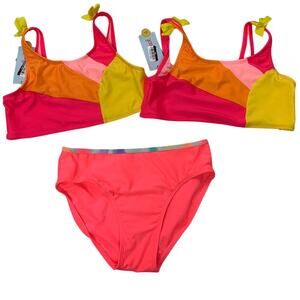 New Cat & Jack Girls XL Bright Orange 2 Bikini Tops 1 Swim Bottom Swimsuit Set